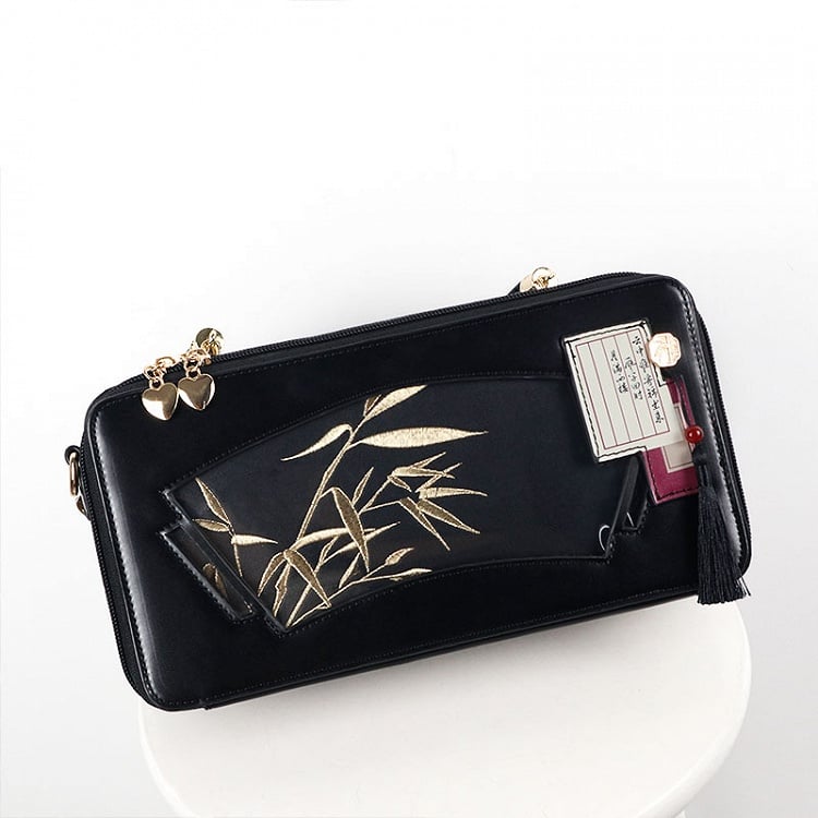 Black Embroidered Bamboo Leaf Cheongsam Style Ita Shoulder Bag with Fringe Charm