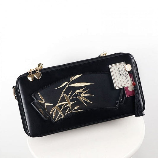 Black Embroidered Bamboo Leaf Cheongsam Style Ita Shoulder Bag with Fringe Charm