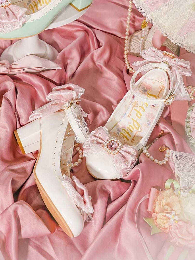 White&Pink Beaded And Rhinestone Decorated Bow at Top Lace Trim Mary Janes With Detachable Beaded Chain