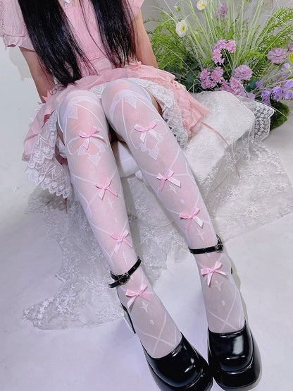 White and Pink Bow Semi-sheer Over Knee Stockings