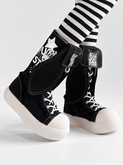 Punk Black Mid-Calf Boots - Bunny Ear Accents with Letter And Rabbit Print, Lace-Up & Inner Zip