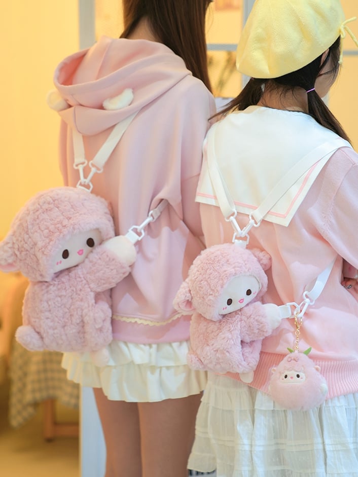 Cute Little Lamb Pink Plush Backpack/Crossbody Bag + Keychain