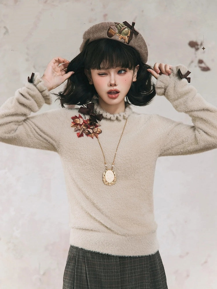 Maple Leaf Embroidery Neckline Bowknot on Cuffs Khaki Autumn Knit Top