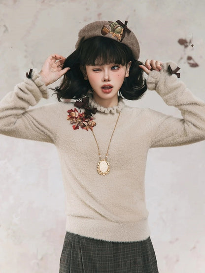 Maple Leaf Embroidery Neckline Bowknot on Cuffs Khaki Autumn Knit Top
