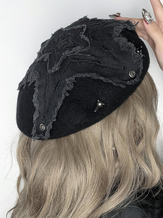 Black Punk Star Applique Stud Details Winter Beret