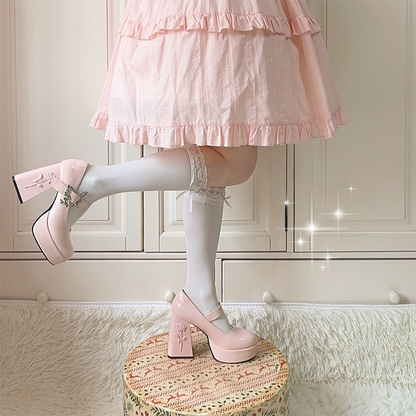 Polished Pink Butterfly Buckle 11cm Floral High Block Heel Platform Mary Janes