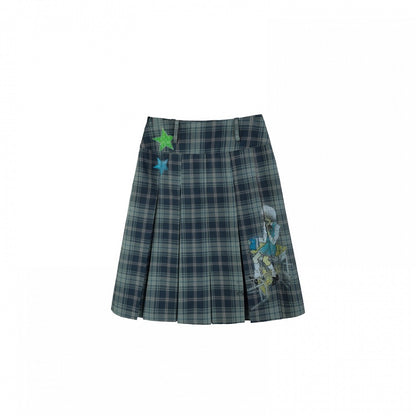 Blue Box Pleat Vintage Printed Plaid Skirt
