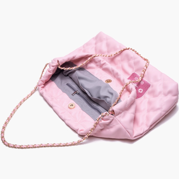 Sweet Pink Diamond Quilted Drawstring Shoulder Bag With Clover And Letter Embroidery