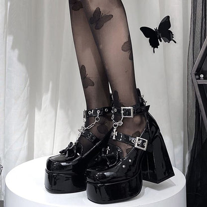 Spike Studs Polished Black Platform Block High Heels Punk Goth Shoes