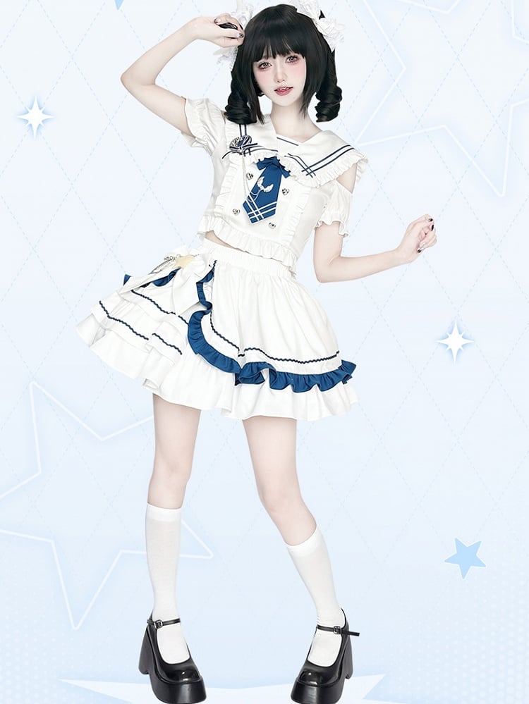 Sailor Collar Cutout Shoulder Top with Tiered Skirt White and Blue Preppy Style Idol Full Set
