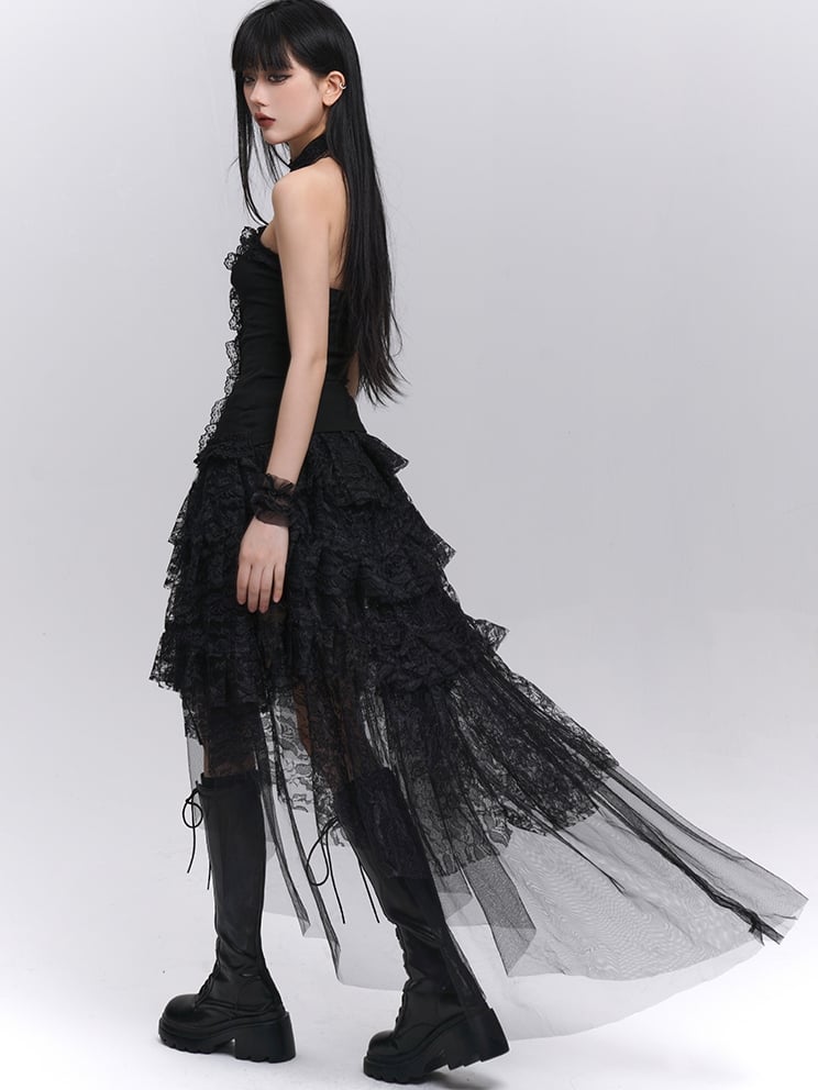 Gothic Black High-Low Tiered Lace Skirt
