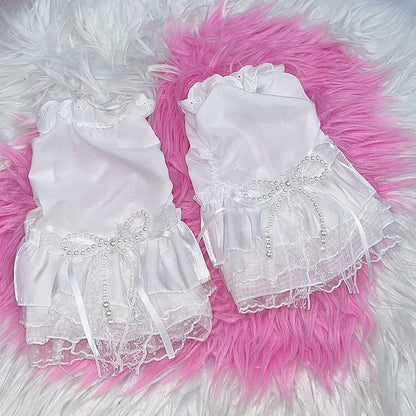 White Y2K Beaded Bowknot Decorated Lace Trim Leg Sleeves