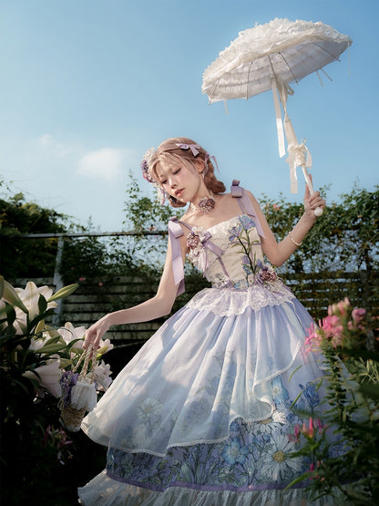 Plus Sizes Available Floral Print Bowknot Straps Dress Elegant Classic Lolita Jumper Skirt