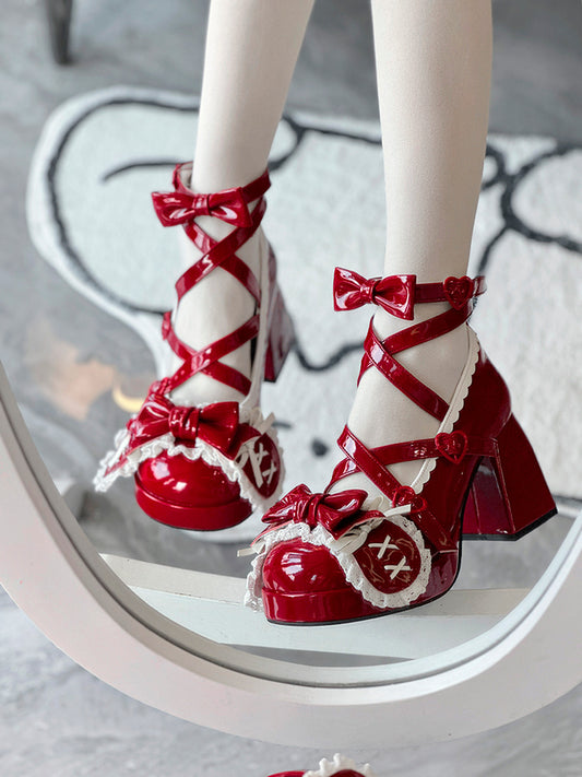 Wine Red Crisscross Design Bunny Ear Bowknot Sweet Lolita 8CM High Block Heels