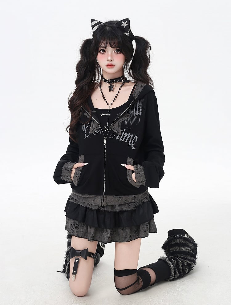 Y2K Black Distressed Holes Zip-up Hooded Jacket