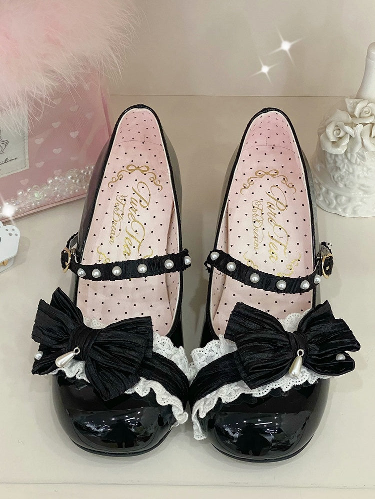 Black Beaded Decorated Bow at Top 2.5CM/5CM Block Heels Round Toe Shoes