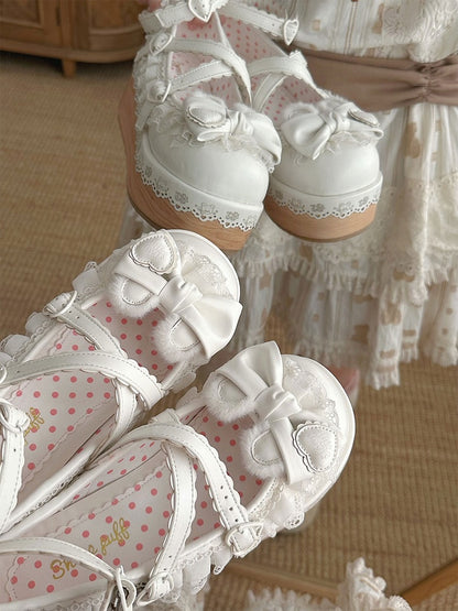 White Crisscross Design Bunny Ear Bow at Top Lace Trim Platforms