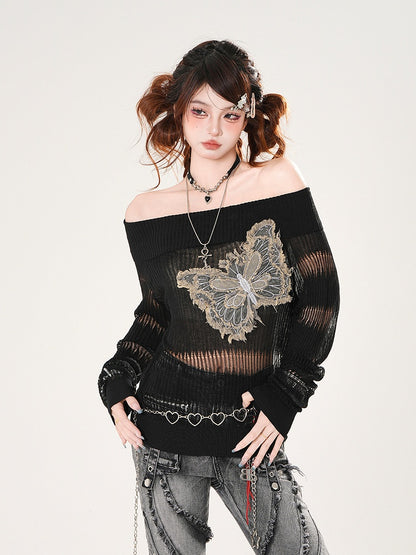 Raw Hem Denim Butterfly Applique Black Off-the-shoulder Neckline Coverup