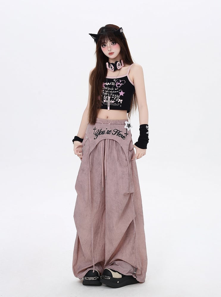 Dusty Pink Drawstring Waist Wasteland Punk Pants with Asymmetrical Waist Accessory