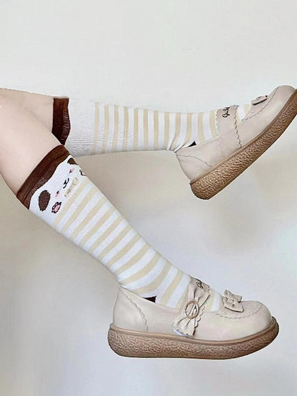 Coffee Puppy Print Striped Pattern Lolita Calf Socks