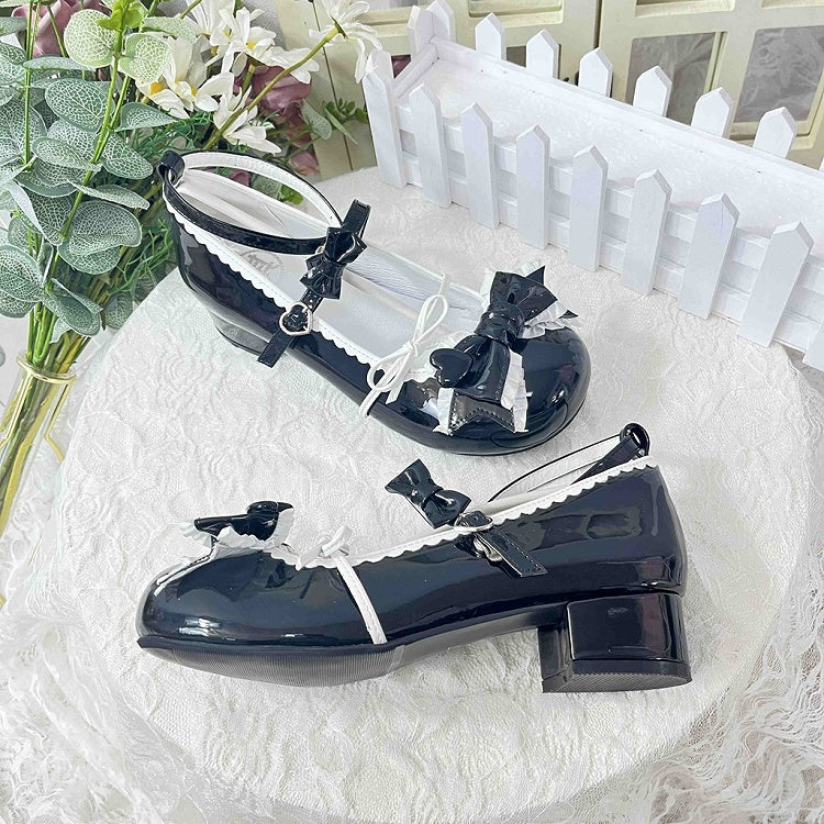 Black Ruffle Trim Decorated Bow at Top 3.5CM Sweet Lolita Block Heel Mary Janes
