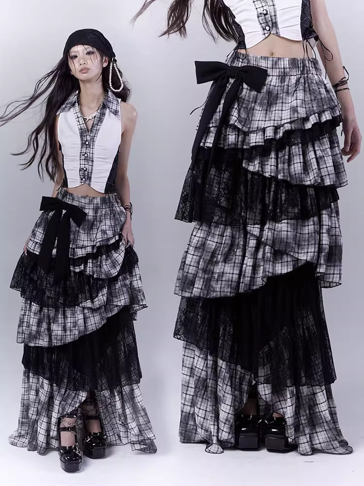 Black Punk Asymmetrical Tiered Plaid Skirt Regular/Long Version