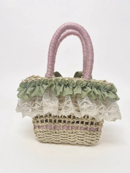 Pink and Green Floral Design Straw Woven Tote Bag