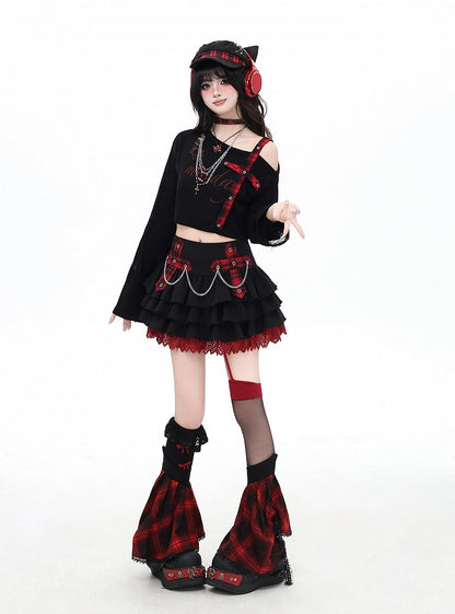 Chains Decorated Pink/Red Plaid Cross Appliques Lace Trim Tiered Skirt