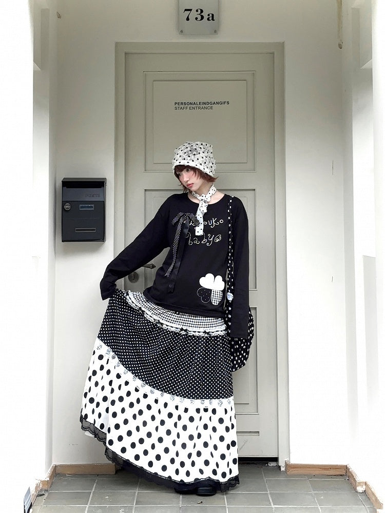 Black Top with Embroidered Clover Applique and Detachable Ribbon Bow with Rhinestone