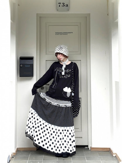 Black Top with Embroidered Clover Applique and Detachable Ribbon Bow with Rhinestone