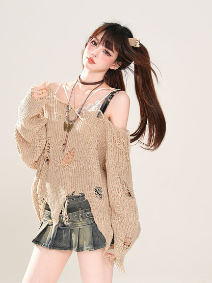 Khaki Asymmetrical Neckline and Hem Distressed Holes Wasteland Punk Knitted Top