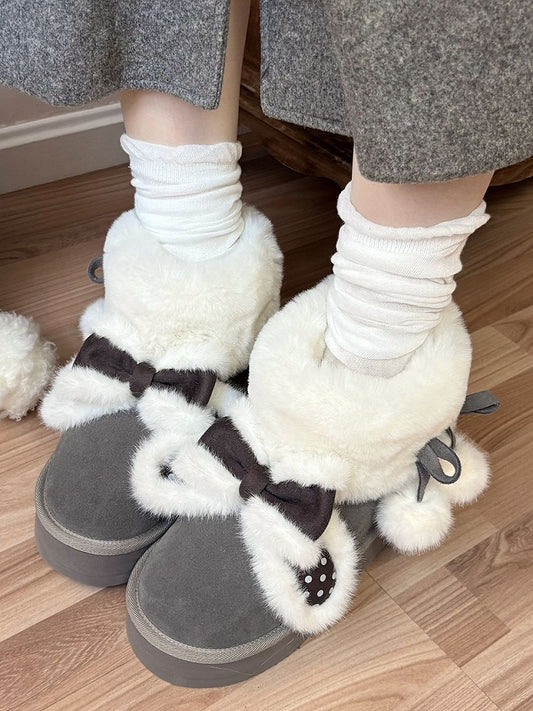 Plush Bunny Ear Decor, Fleece Lining & Pompom Decor Straps Gray Winter Boots in Sweet Lolita
