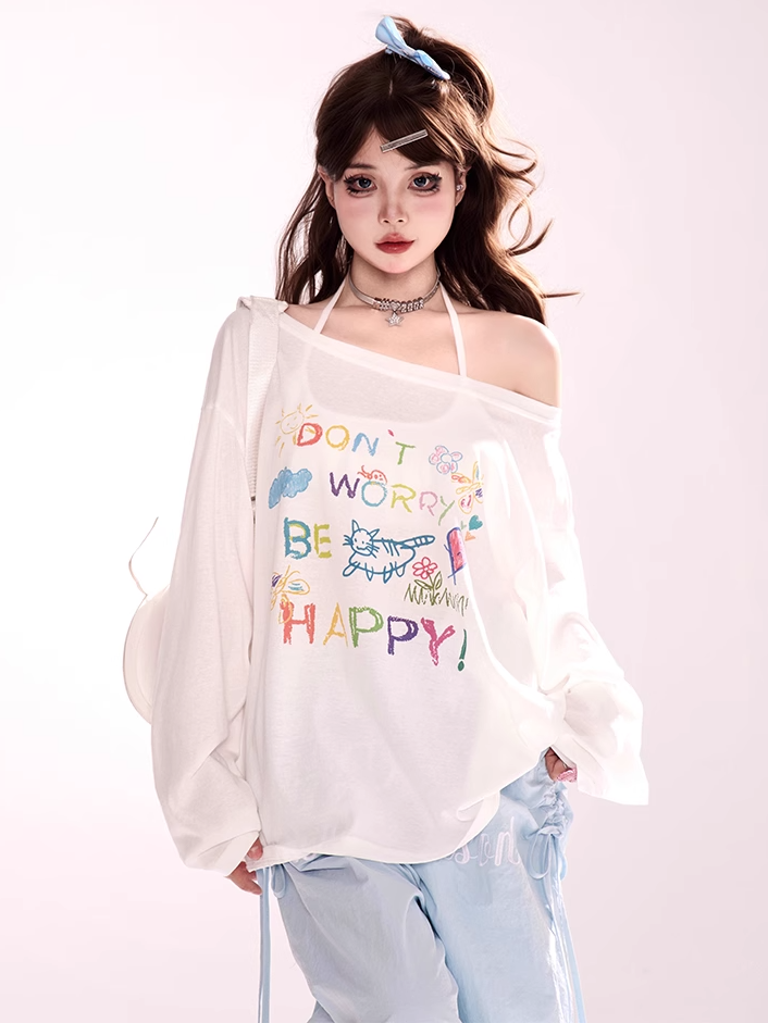 Colorful Letter Print White Asymmetrical Neckline Semi-sheer Coverup