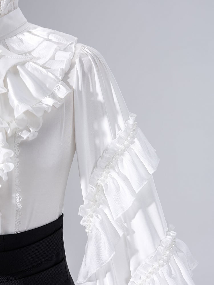 Ruffled High Neck Black Bead Chain and Cascading Ruffles Long Sleeves Siren Shirt