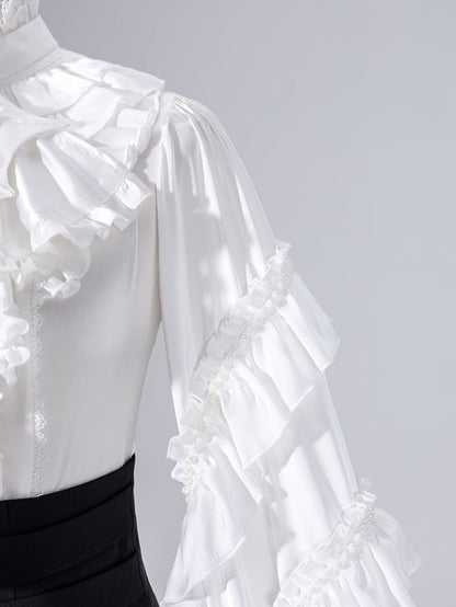 Ruffled High Neck Black Bead Chain and Cascading Ruffles Long Sleeves Siren Shirt