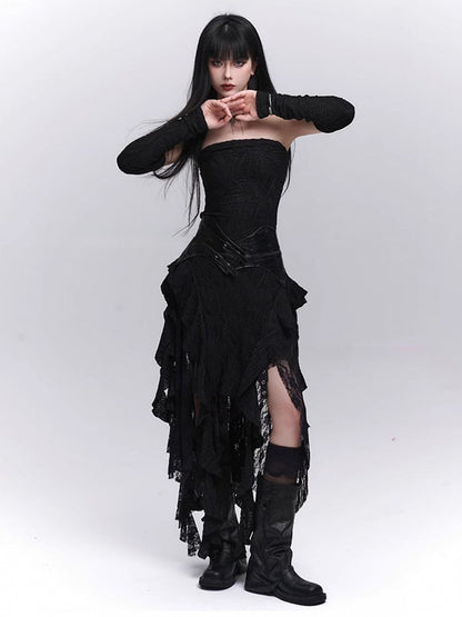 Black Asymmetrical Cascading Ruffles Strapless Dress with Free Armwears