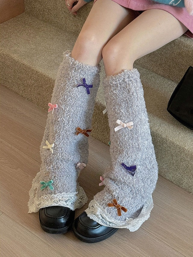 White/Purple/Camel/Light Grey Sweet Bowknot Lace Trim Leg Warmers