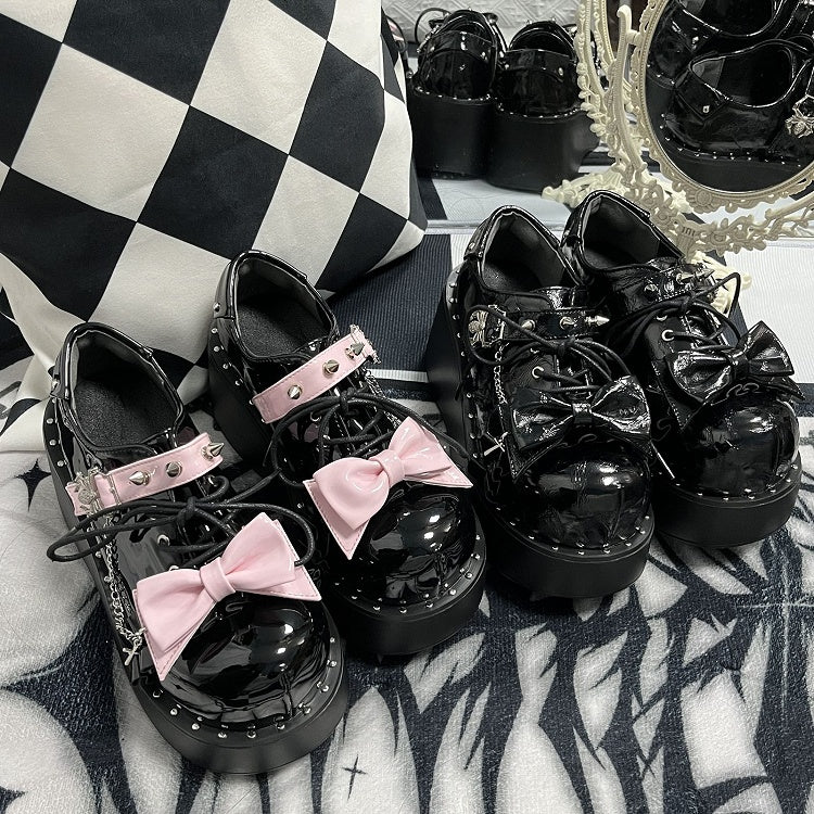 Y2K Polished Black&Pink Stud Bowknot Spider Design Punk Platform Shoes