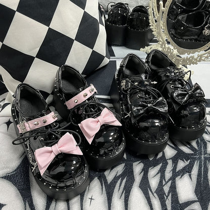 Y2K Polished Black&Pink Stud Bowknot Spider Design Punk Platform Shoes