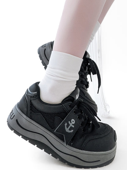 Black Anchor And Fish Bone Decorated Front Lace-up Ties Platform Sneakers