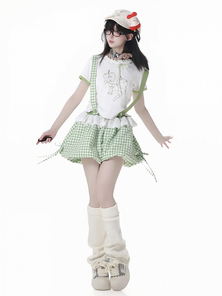 Green Plaid Overalls Bubble Shorts Detachable Shoulder Straps