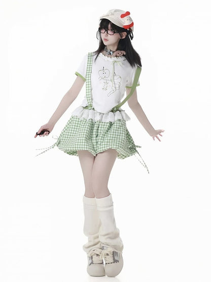 Green Apple Print Lettuce Hem Self-tie Bow Neckline White T-shirt