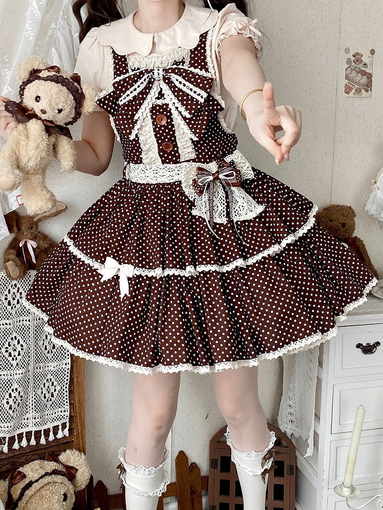 Chocolate Brown Polka-dot Pattern Old School Lolita Overall Dress