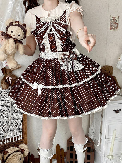 Chocolate Brown Polka-dot Pattern Old School Lolita Overall Dress