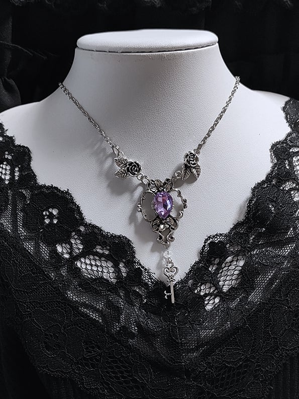 Purple Rhinestone and Key Pendant Gothic Silver Rosettes Necklace