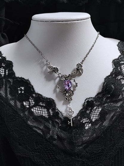 Purple Rhinestone and Key Pendant Gothic Silver Rosettes Necklace