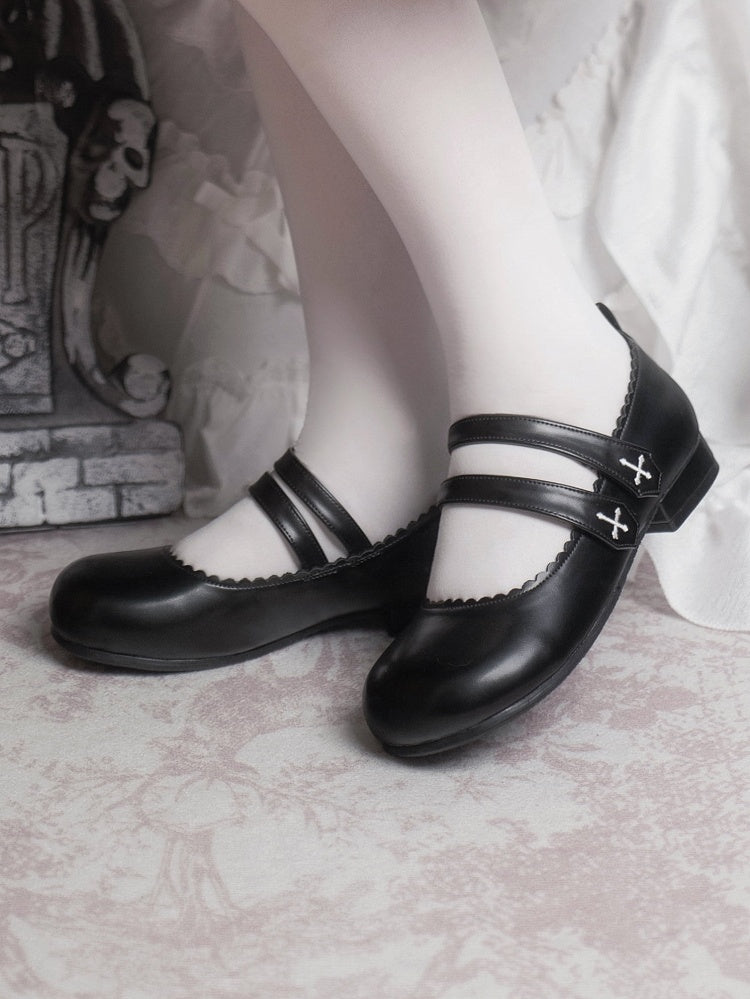 Black Gothic Cross Embroidery Velcro Strap Closures Round Toe Flats