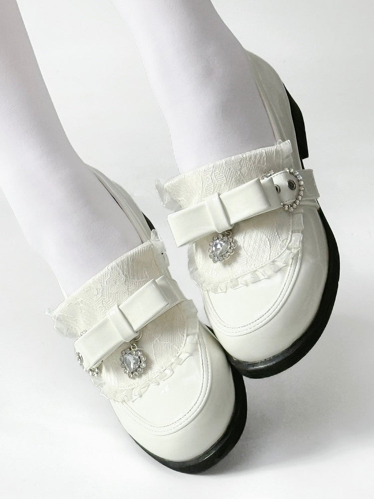 Rhinestone Heart Details & Bow Accent PU Polished White Low-heel Loafers in Jirai Kei