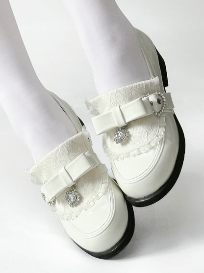 Rhinestone Heart Details & Bow Accent PU Polished White Low-heel Loafers in Jirai Kei