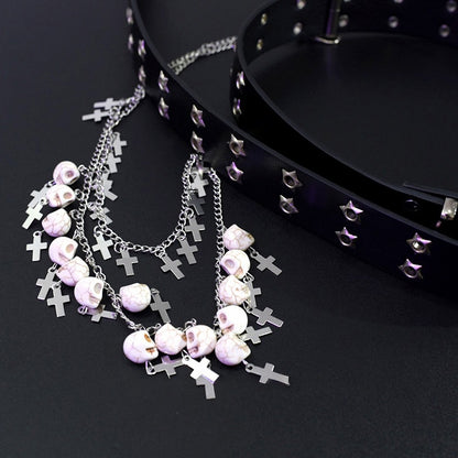 Silver Cross And Skeleton Charm Waist Chain + Black Star Details Waist Belt